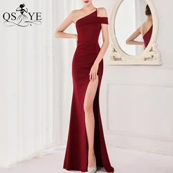 One Shoulder Burgundy Prom Dresses Fit Sexy Split Long Party Gown Dark Red Formal Elegant Mermaid Women Evening Dress Bridesmaid