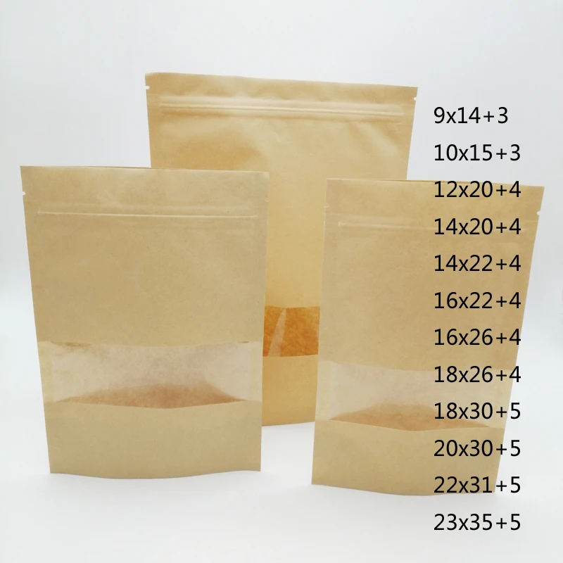 100pcs Kraft Packaging Bags Window Standing Kraft Paper Bag Handmade Paper Craft Box Gift Bag for Business Jewelry Storage Bags