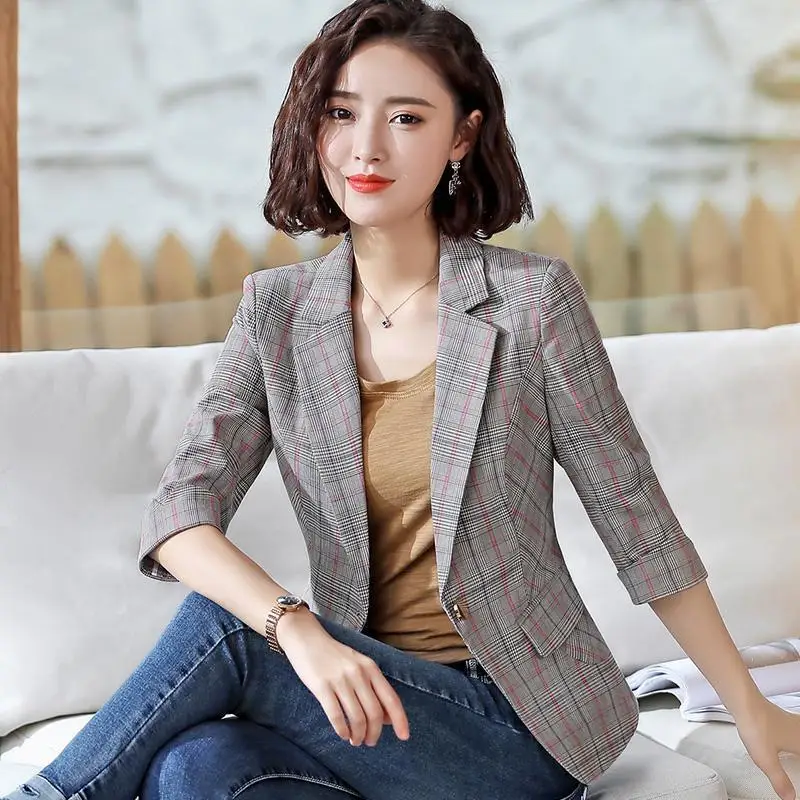 Plaid Fashion Women's Blazers Spring and Autumn British Style Seven-point Sleeve Ladies Small Suits Button Women Blazers