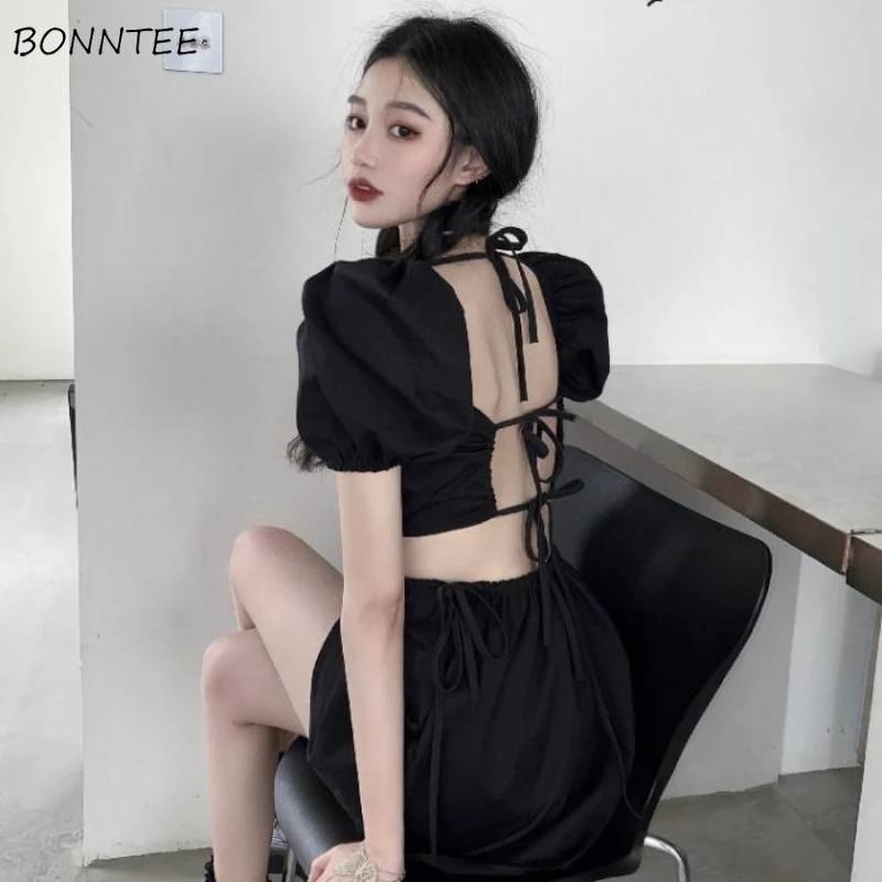 Dress Women Sexy Ladies Lace-up Solid Girls Club All-match Cool Punk Puff Sleeve A-line Chic Ulzzang Fashion Summer Classy Mini