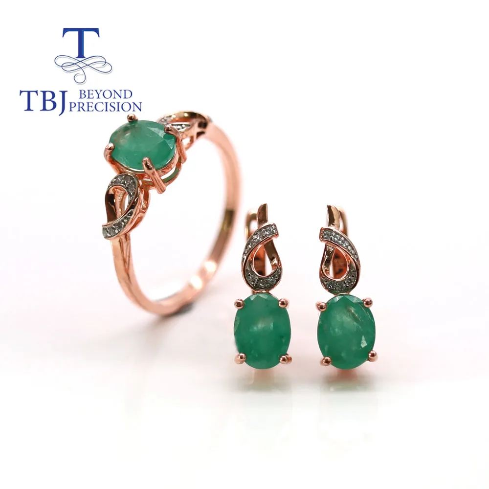 

TBJ,Natural Emerald Jewelry set zambia green emrald Ring earring pendant fine jewelry 925 sterling silver for women nice gift