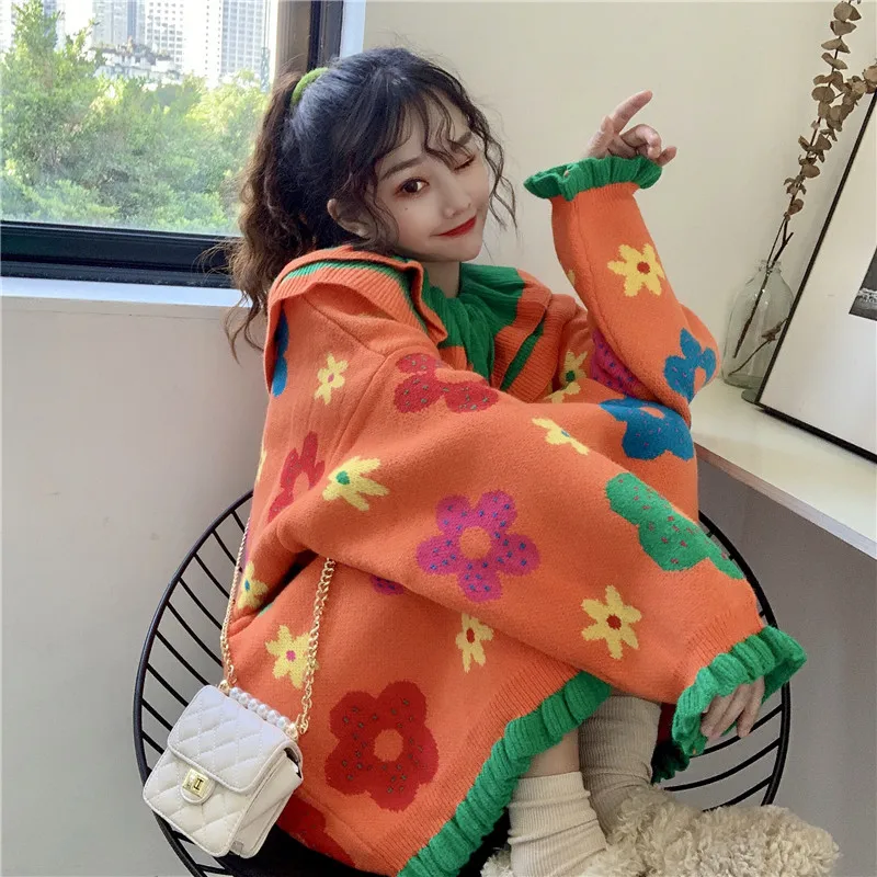 

2020 Autumn New Winter Doll Collar Thicked Flower Print Knit Sweater Ins Conteast Color Patchwork Long Sleeve Pull Femme Sweater