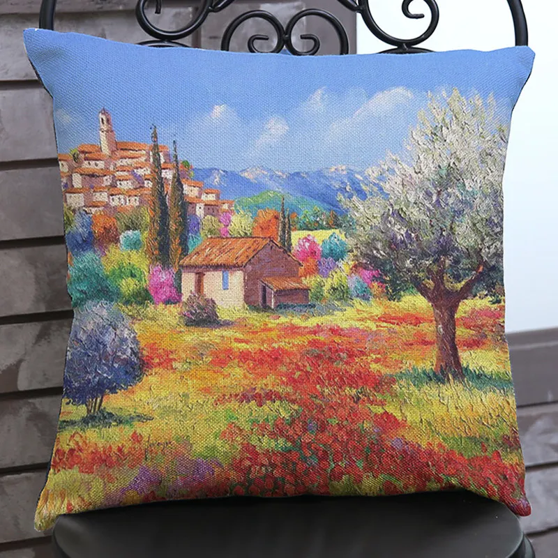 3D Oil Painting Nordic Rural Scenery Sofa Decoration Throw Pillow Case Sunflower Lavender Farm Landscape Style Cushion Cover