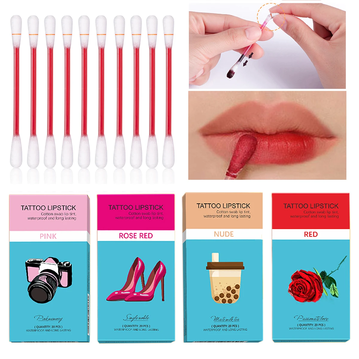 20 Pieces/Set Lipstick Cigarette Cotton Swab Lipstick Portable Waterproof Liquid Non-Stick Cup Tattoo Lipstick Lip Tint Lipgloss