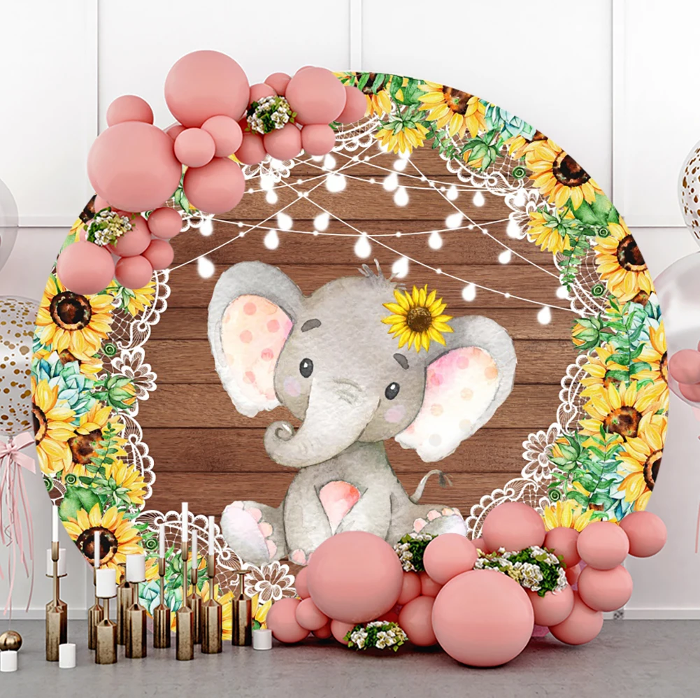 Cartoon Little Elephant Round Backdrop Polka Dot Wood Board Sunflower Baby Portrait Party Photo Background for Photo Studio