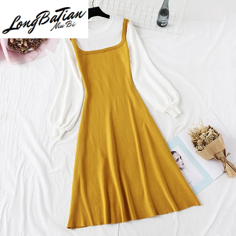 

Autumn Winter Women Fake Two Piece Sleeve Knitted Long Dresses Female Patchwork Slim Elasticity Knit Sweater Dress Vestidos