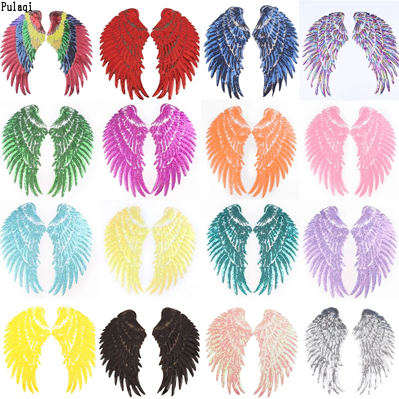 Pulaqi Big Wings Sequin Stripes 1 Pair Wings Embroidered Patches For Clothes Iron Sew On Patches Stickers On Clothes Accessories