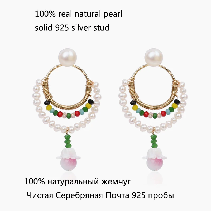 Free shipping 2022 bohemia S925 stud hand wrap shell flower bead real natural white pearl sweet water earring