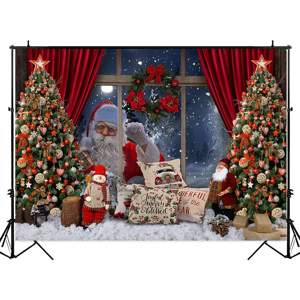 Christmas Santa Claus Photography Background Winter Xmas Trees Window Birthday Backdrop Photo Shoot Wreath Snow Night Photocall
