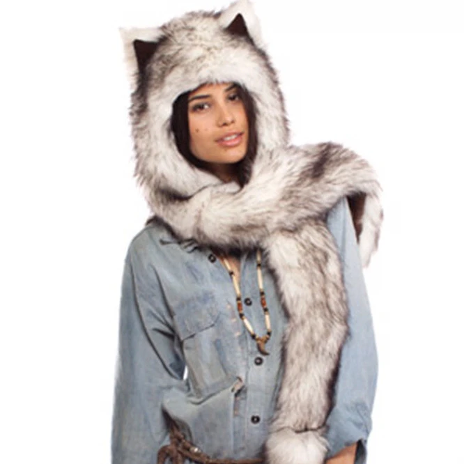 New Wolf Animal hoods cute animal faux fur hat cap women mens fashion warm animal fur hats with gloves Girl