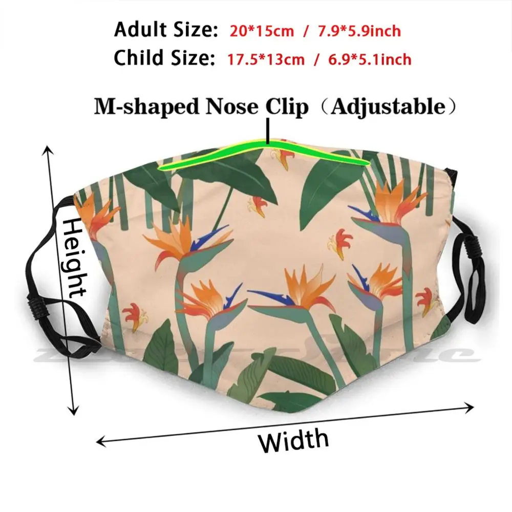 Birds Of Paradise Pattern Mask Adult Child Washable Pm2.5 Filter Logo Creativity Birds Of Paradise Pattern Tropical Flowers