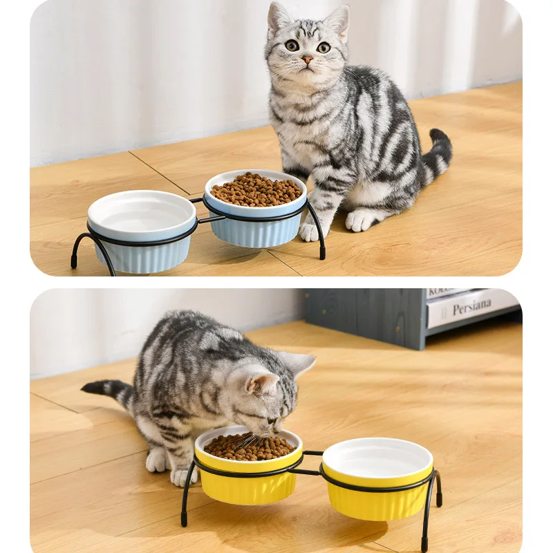 Hot Sell Ceramic Pet Cat Bowl Puppy Feeder Double Pet Bowls for Dog Food Water Feeding Stainless Steel Shelf Accessories Durable