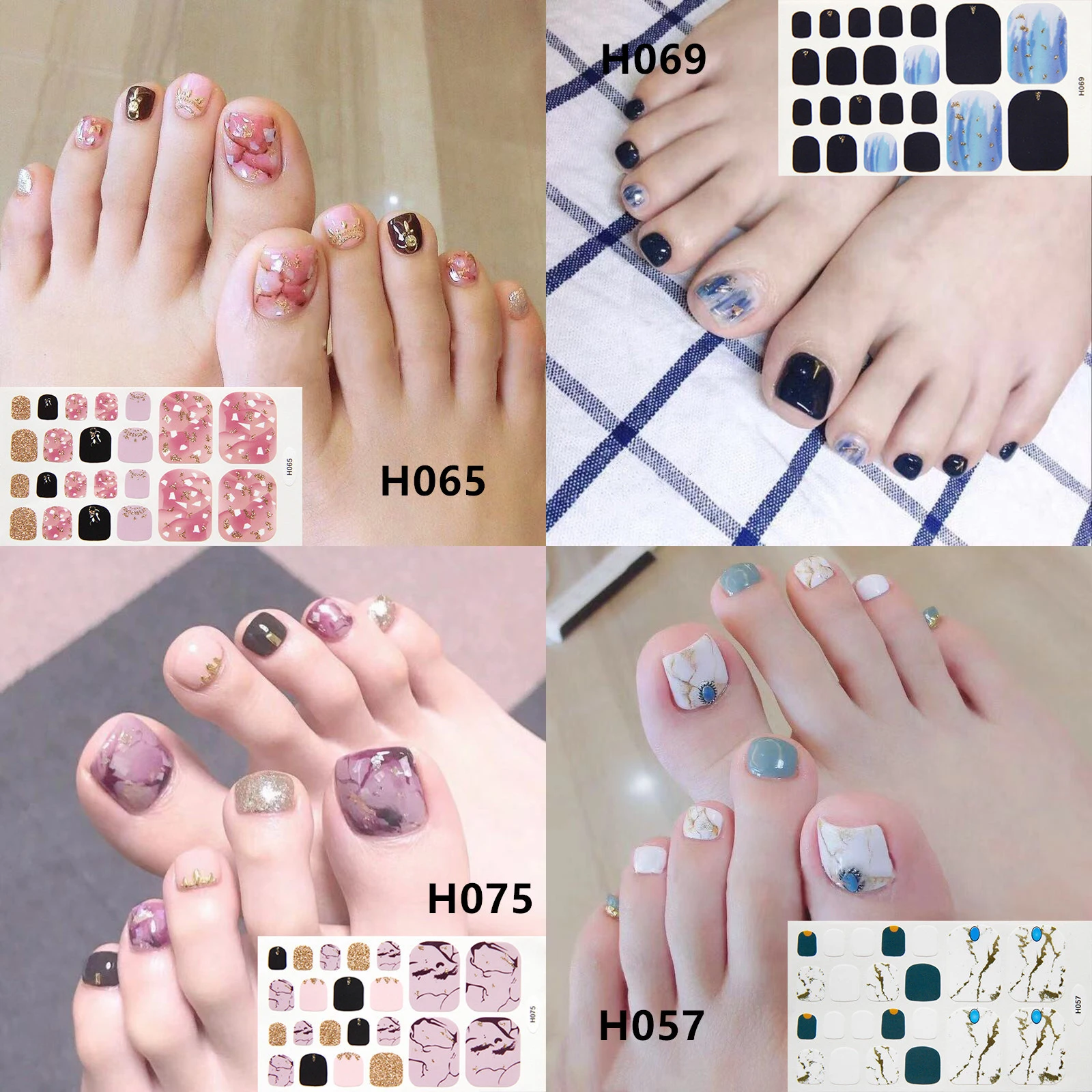 

22tips/sheet Toe Nail Stickers Waterproof Fashion Toe Nail Art Full Cover Adhesive Bright Stickers Manicure Decals