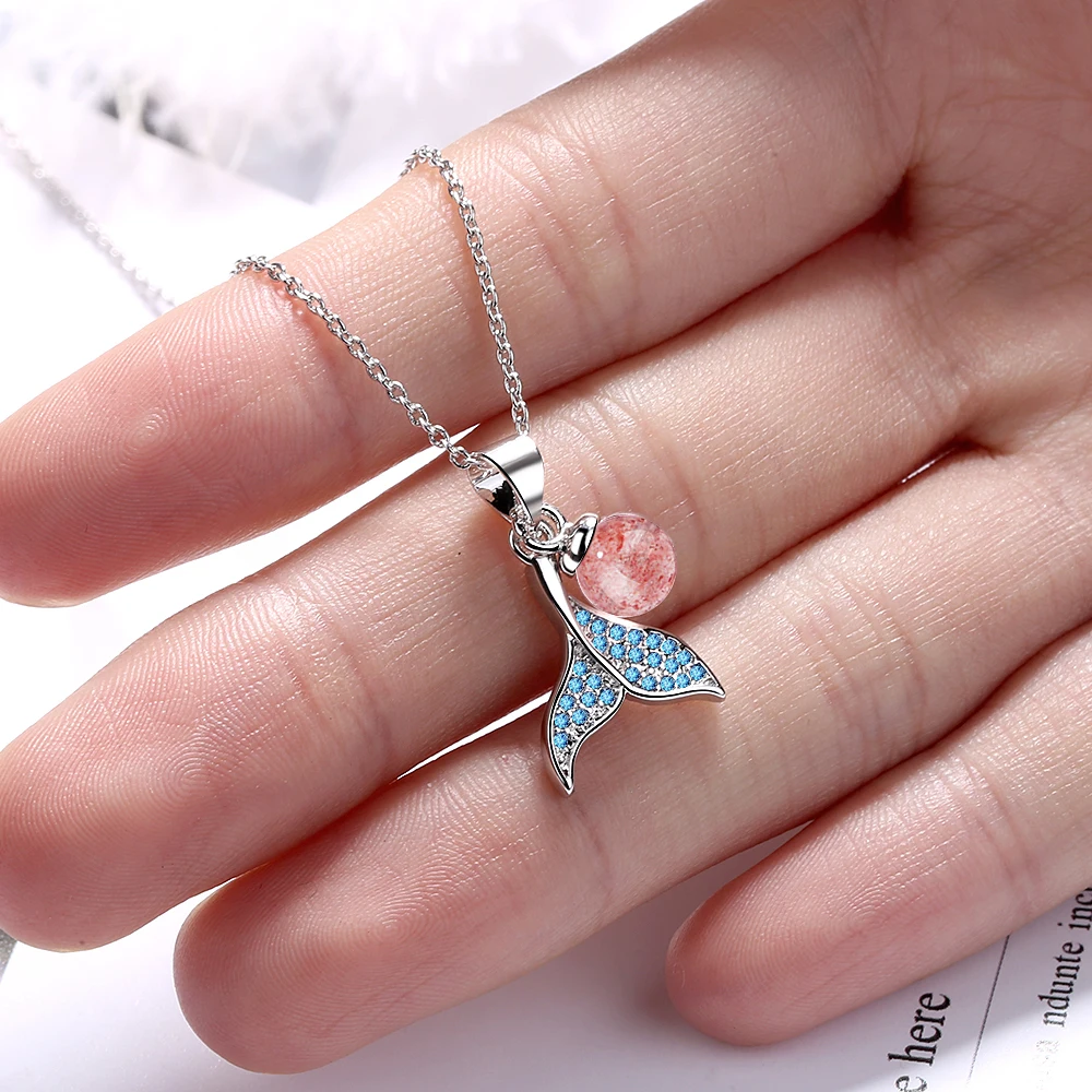 Romantic 925 Sterling Silver Blue Zirconia Mermaid FishTail Necklace For Women Natural Strawberry Crystal Jewelry S-N450 image 5