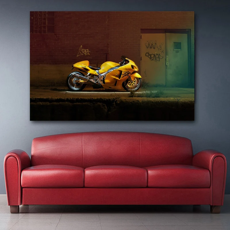 Canvas Painting Motorcycle suzuki hayabusa Superbike yellow Bike Picture Silk Wall Art Posters and Prints For Living Home Decor