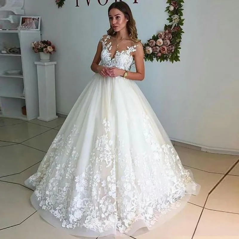 

White/Ivory Lace Wedding Dresses Sleeveless Appliques Top Sheer Neckline Floor Length Bridal Gowns Custom Made robe de mairee