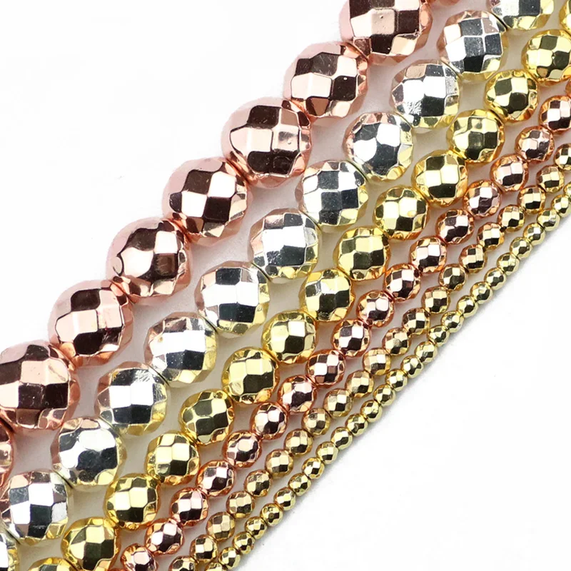 Colore oro rosa, placcato argento, perline di ematite rotonde sfaccettate pietra naturale 2 ~ 10mm perline sciolte collana di gioielli che fanno fai