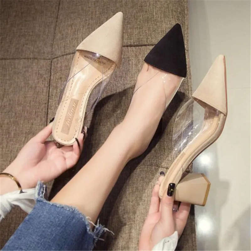 Pointed Toe Suede Square Heel High Heels Muller Slippers Women 2025 Summer Shoes Women Fashion Patchwork Shallow ladies shoes