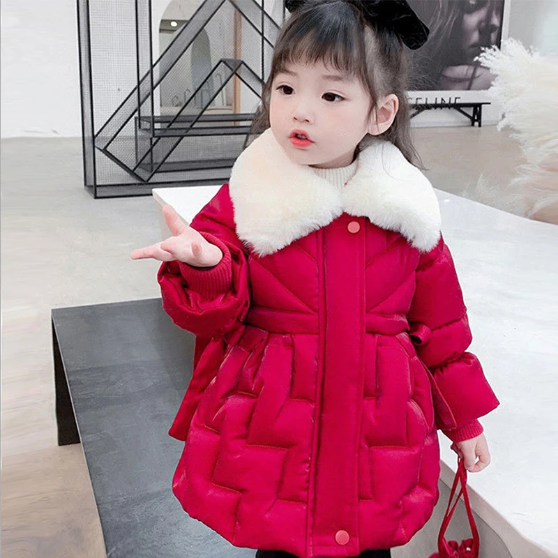 Girls Jacket Winter 2021 Children's Fashion Fur Collar Baby Red Winter Coats Children Down Cotton Jacket Thicker Jacket