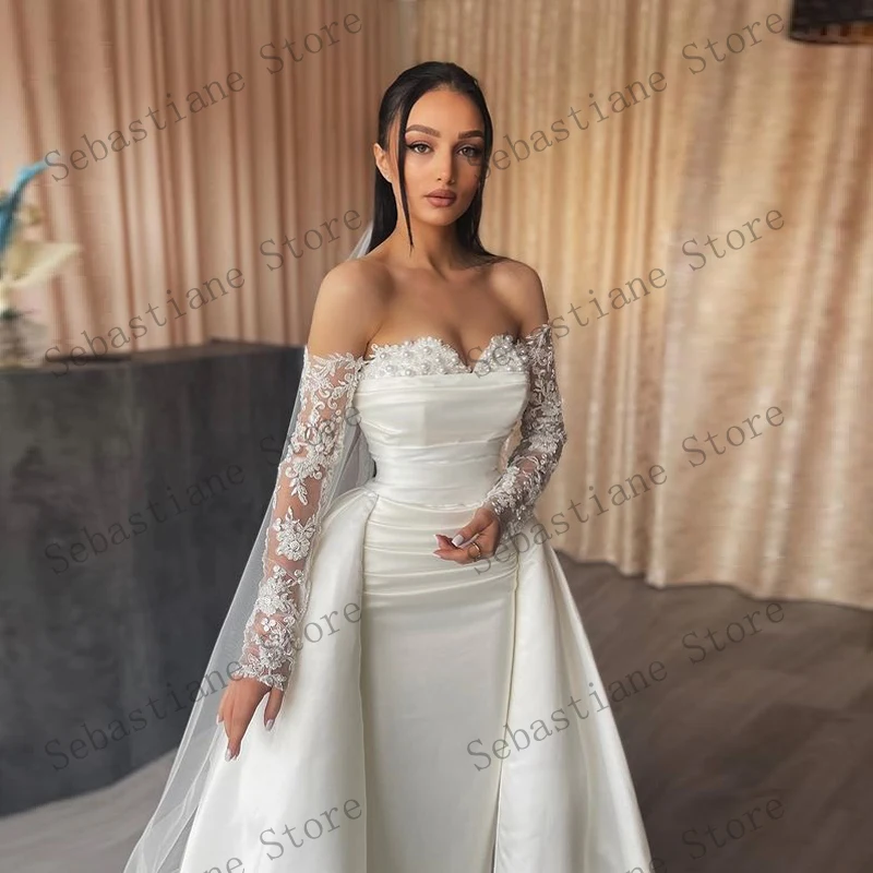 Gorgeous Pretty Wedding Dresses Strapless Lace Long Sleeves Beading Floor Length Women Elegant  Bridal Gowns Custom Made