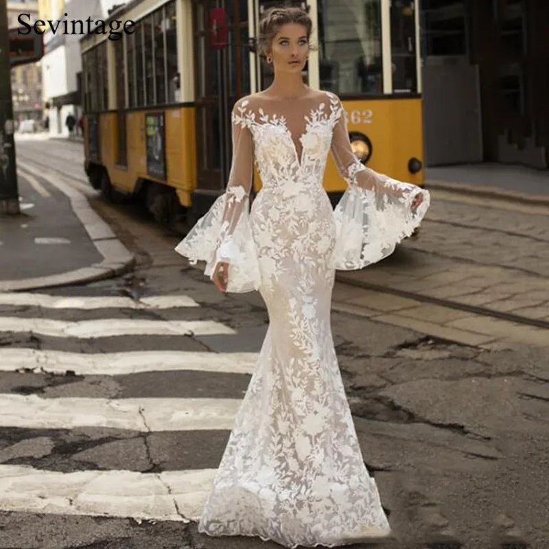 Sevintage – robe de mariée sirène en dentelle, style Boho, manches longues évasées, avec boutons, sur mesure, pour la plage