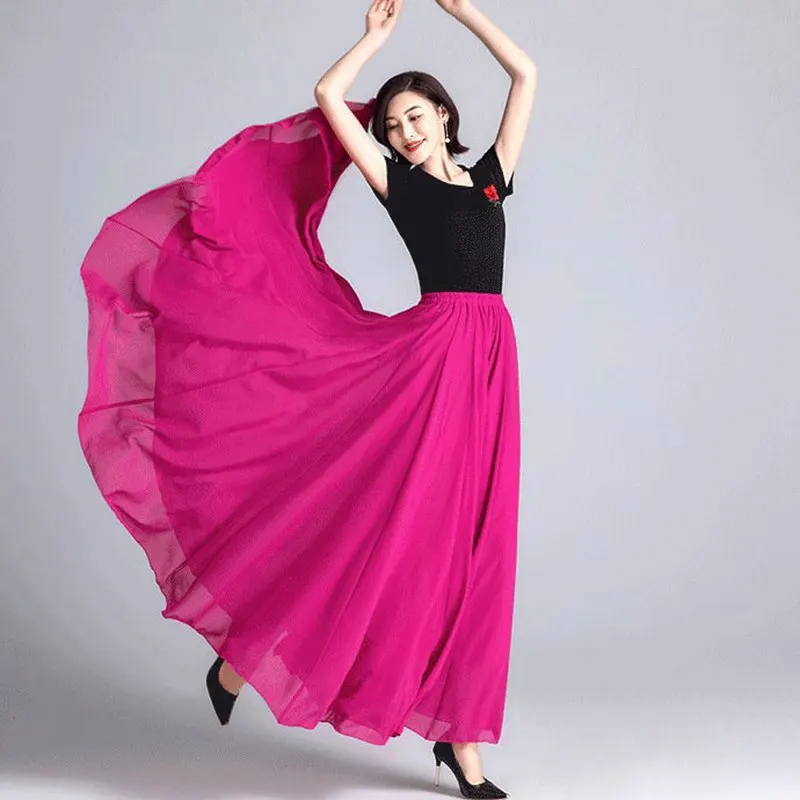 Women's Elegant Big Hem Flowy Maxi Skirt Female High Waist 3 Layers Chiffon Dance Beach A-Line Skirts Saias 2024 Autumn SK840