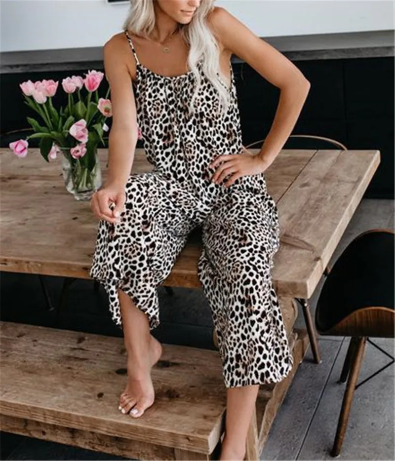 Luipaard Dames Bib Broek Jarretel Broek Losse Casual Vrouwen Eendelig Romper Overall Jumpsuit Streetwear Plus Size