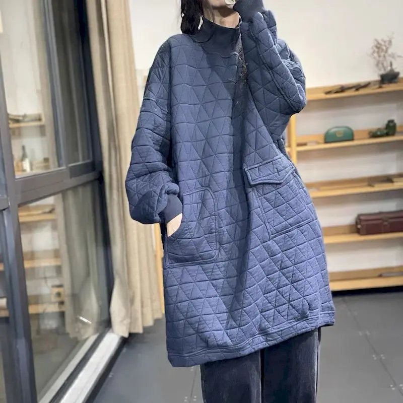 Winter Pullover Women Original Art Japanese Patch Pockets Loose Casual Fashion Pullovers Solid Color Long Diamond Quilted Dress