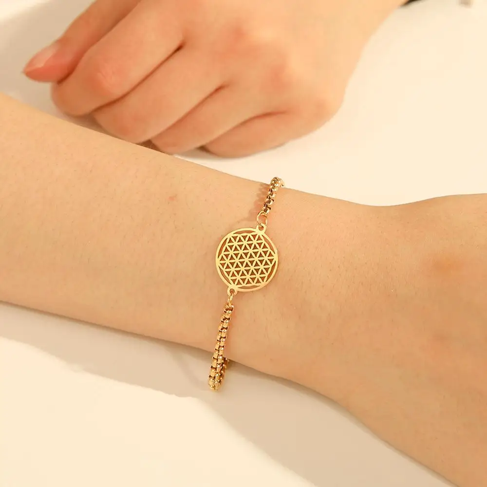 Skyrim Flower of Life Charm Bracelet Stainless Steel Mandala Box Chain Bracelets Bangle Pulseira Jewelry Gifts for Women Men