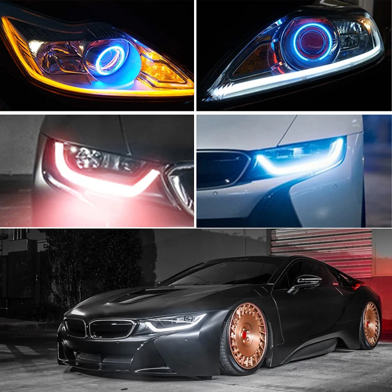 Car 30/45/60cm Flexible Flowing Car DRL Running Turn Signal angel eye White Amber LED Daytime Running Light Headlight Strip led