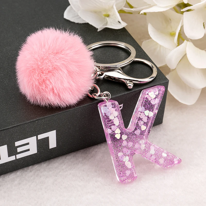 1PC  Woman Keyring Pink Color English Letter Resin Keychain with Puffer Ball 26 Words  A TO Z Handbag Charms