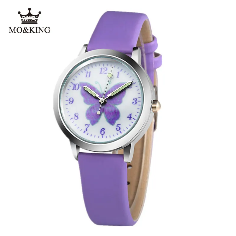 Hot Sale Cartoon Pattern Children's Boys Girls Kids Purple Butterfly Leather Quartz Wrist Watch Clock Gifts Bracelet Reloj