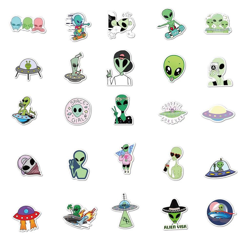 50pcs Eliens Alien Graffiti Sticker ET UFO Cartoon For Luggage Laptop Bicycle Skateboar Notebook Waterproof Customized Stickers