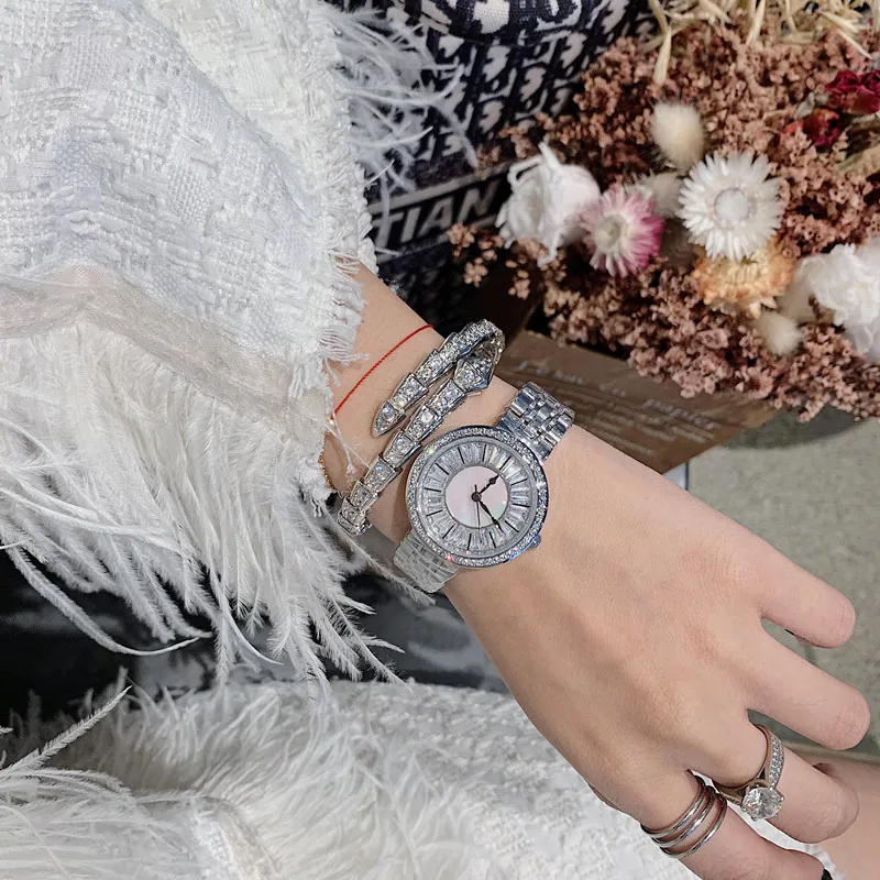 Elegant Full Silver Color Women Jewelry Watches High-end Sparkly Zircon Crystals Watches Waterproof Full Steel Bracelets Quartz