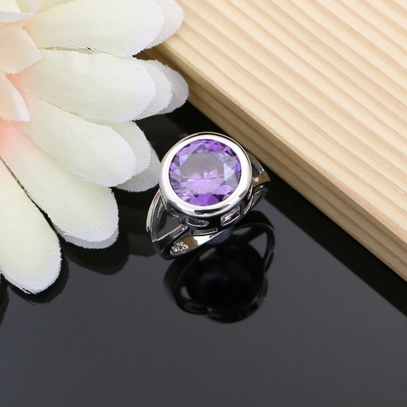 925 Silver Jewelry Sets Big Purple Amethyst Birthstone Earrings Rings Fashion Accessories Necklace Set Wiomen Gift Dropshipping