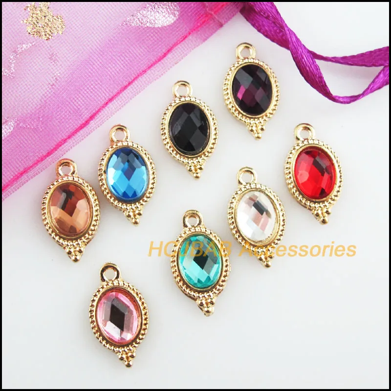 16Pcs Gold Plated Retro Oval Flower Mixed Crystal Charms Pendants 9x17mm