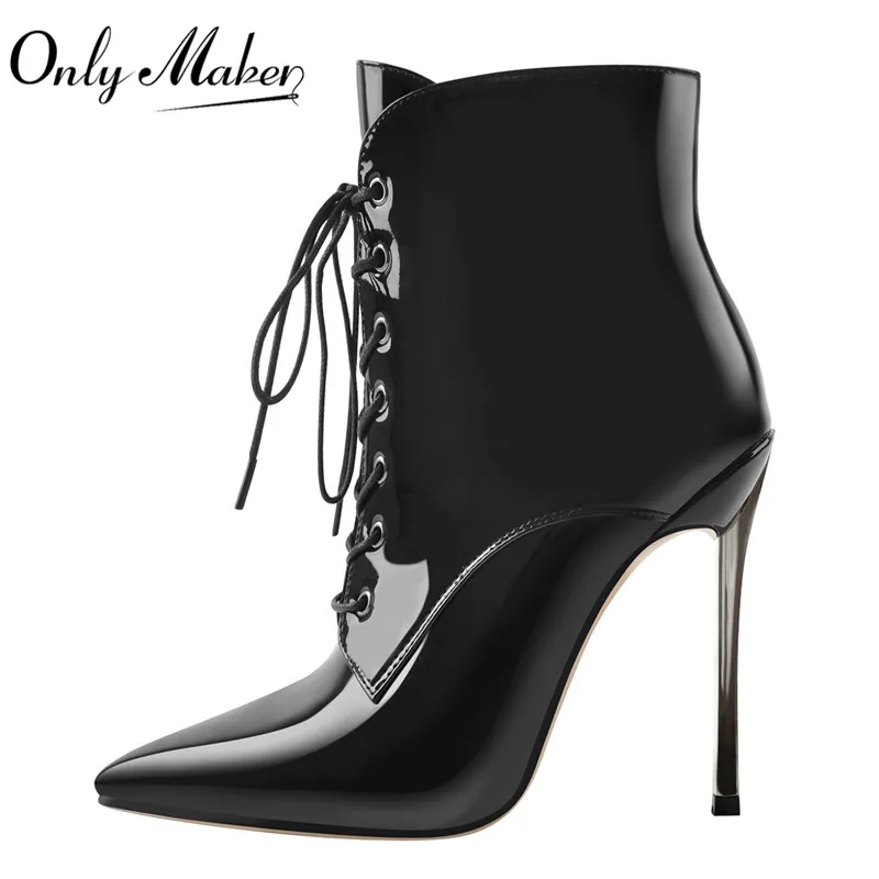 Onlymaker Women Pointed Toe Metal Thin High Heel Lace Up Ankle  Boots  Stiletto Side Zipper Big Size Booties