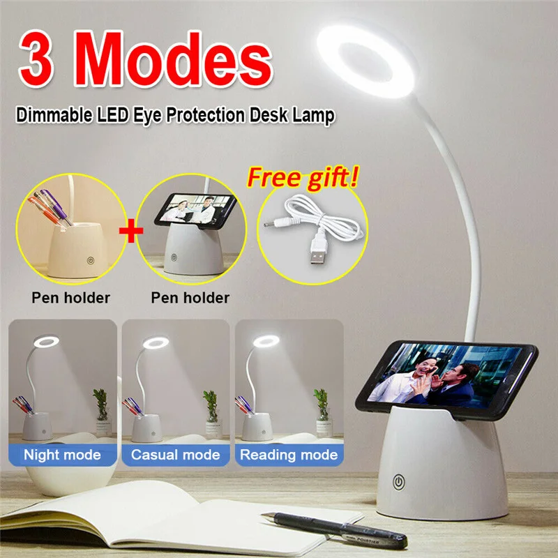 

LED Desk Lamp 3 Modes Dimmable Bedside Reading Lamp Table Touch Control Night Light Storage Pen Holder Phone Stand Desk Light