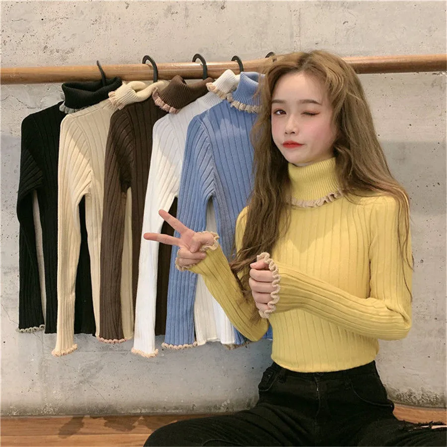 Turtleneck Ruched Women Sweater High Elastic Solid 2021 Fall Winter Fashion Sweater Women Slim Sexy Knitted Pullovers Pink White