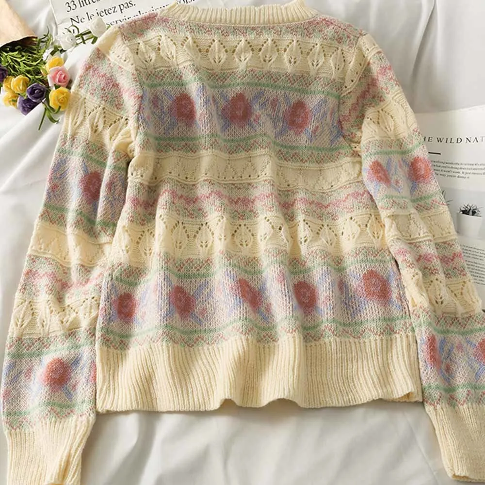 Spring Knitted Floral Print Hollow Pullover Women long Sleeve O-neck Knitwear Sweater Fashion Ladies Jumpers Femme 2022