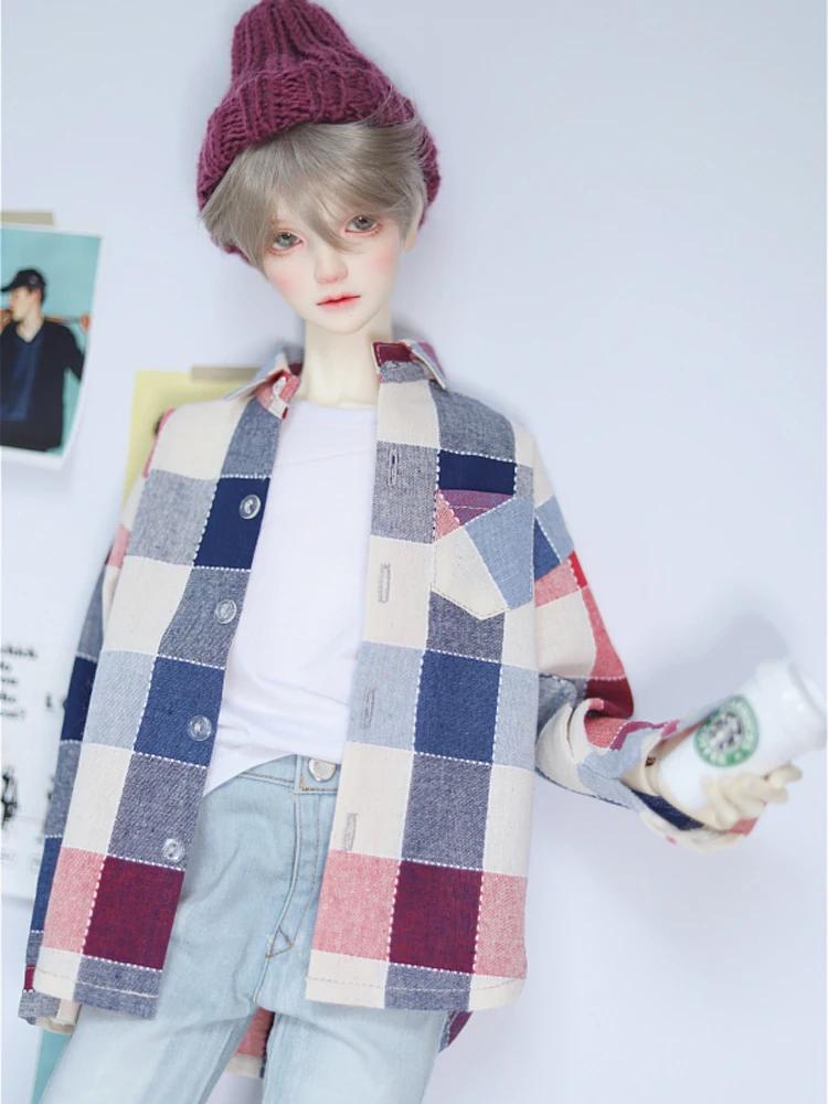 

New BJD Doll Clothes Top Casual Plaid Linen Cotton Long-Sleeve Shirt Loose-Fit Yellow/Brown/Red for 1/3 1/4 Uncle Accessories