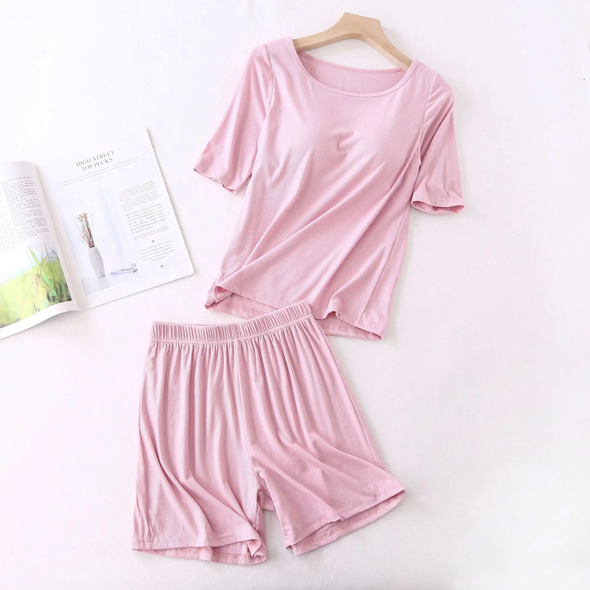 Fdfclass-conjunto pijama feminino 2 peças, conjunto pijama coleção verão gola redonda, roupa de dormir rosa para mulheres