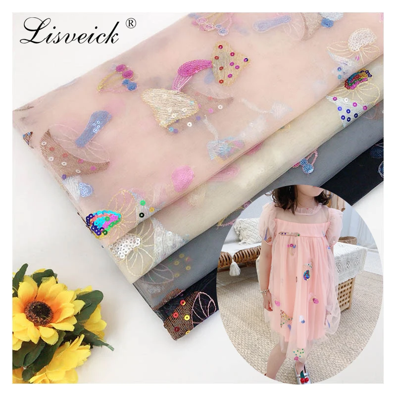 New Mesh lace mushroom embroidery sequin net fabric Diy women's children's dress skirt tulle fabric