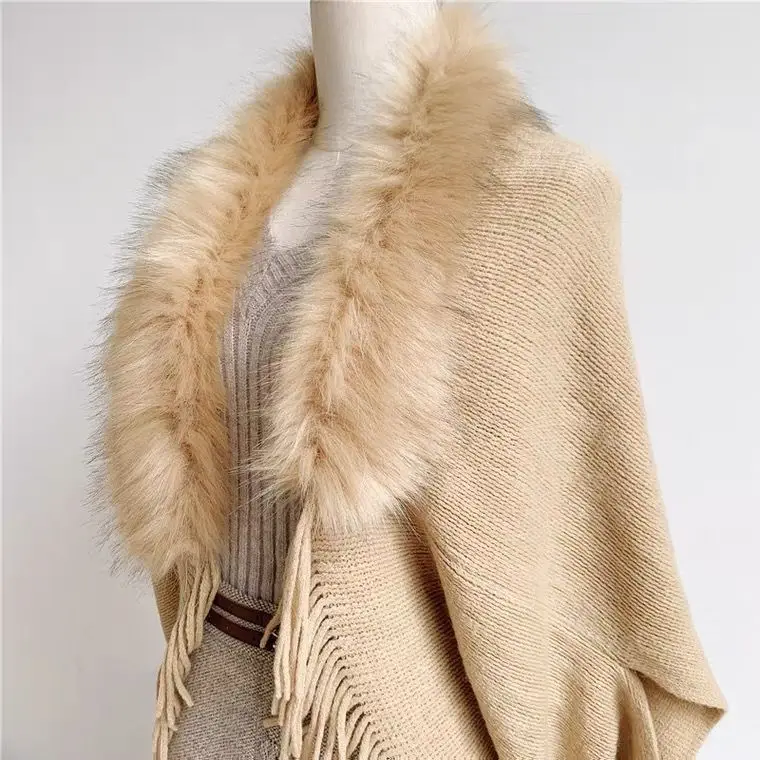 Fur Collar Winter Shawls And Wraps Bohemian Fringe Oversized Womens Winter Ponchos And Capes Batwing Sleeve Cardigan