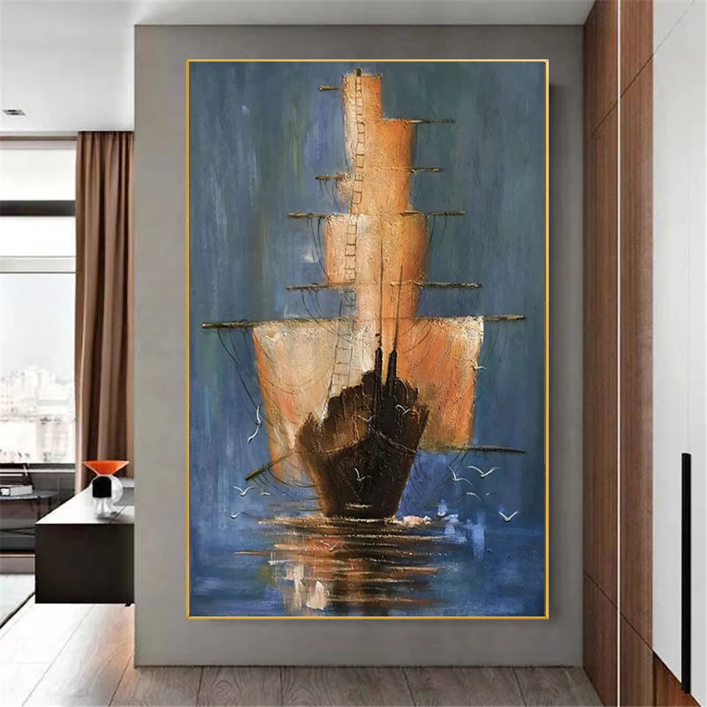 100%Hand-painted Pirates of the Caribbean Ship Seascape Oil Painting Blue Earthy Yellow Canvas Painting Office Bar Decor Picture