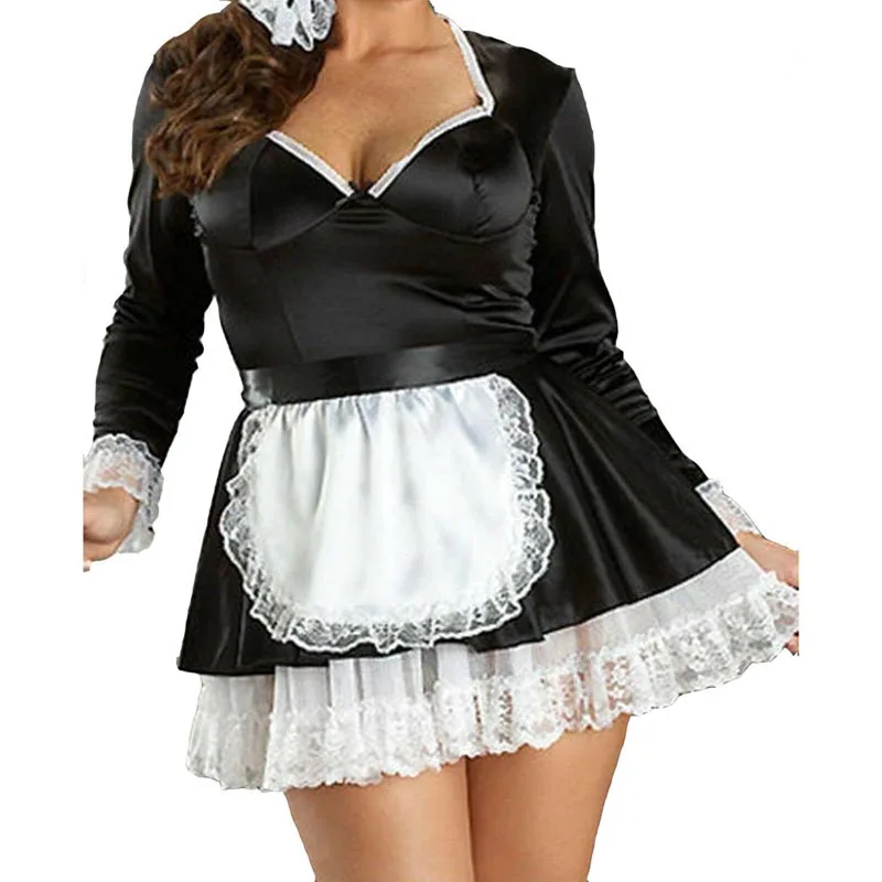 Lolita Sexy Women Satin French Maid Long Sleeve Fancy Dress Housemaid Aprons Fetish Role Play Costume Plus Size M to 4XL