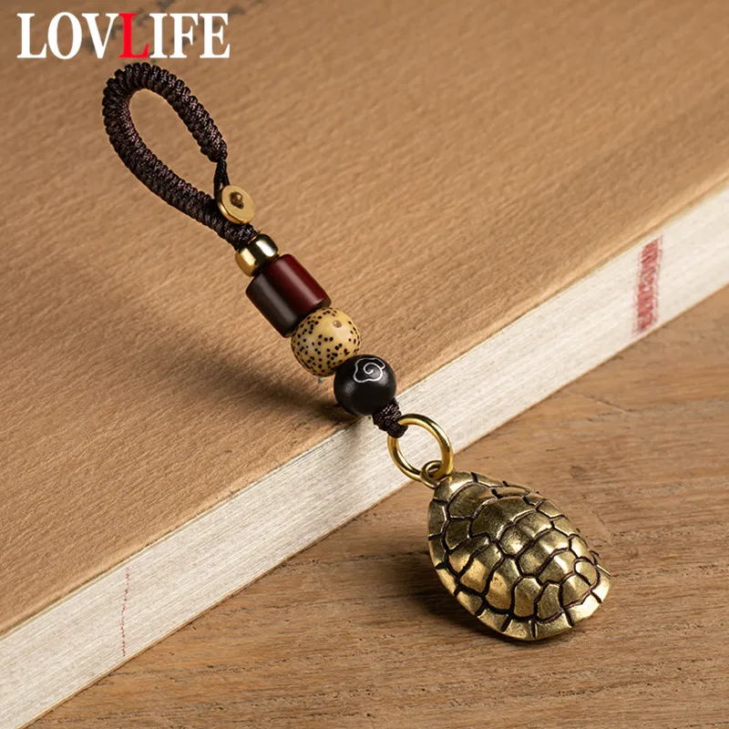 Handmade Lanyard Rope Brass Turtle Shell Pendants for Keychain Vintage Chinese Feng Shui Key Chain Ring Hanging Jewelry Keyring