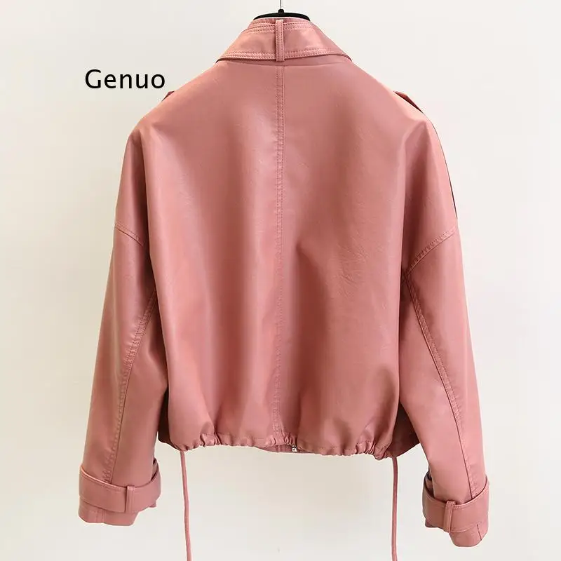 Neue Herbst Frauen Faux Leder Jacke Pu Motorrad Lose Straße Schwarz Punk Mantel Weibliche Große Tasche Rosa Leder Mantel