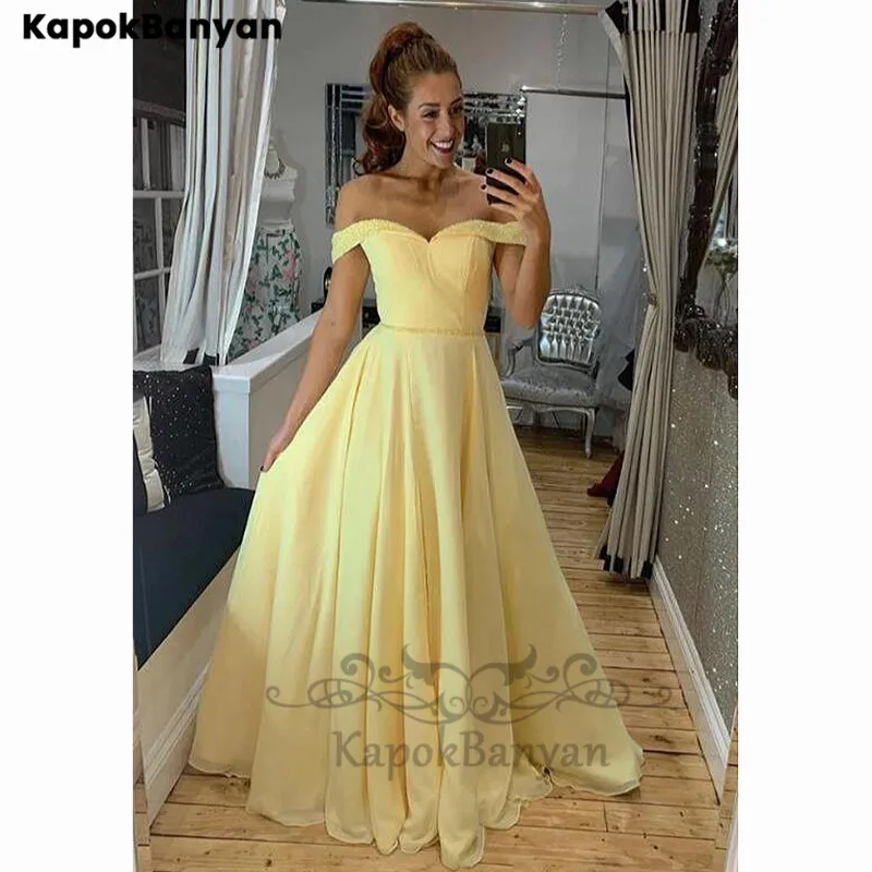 

Yellow Satin Beads Off-the-shoulder Zipper Prom Dresses Sweep Train Party Ball Gown