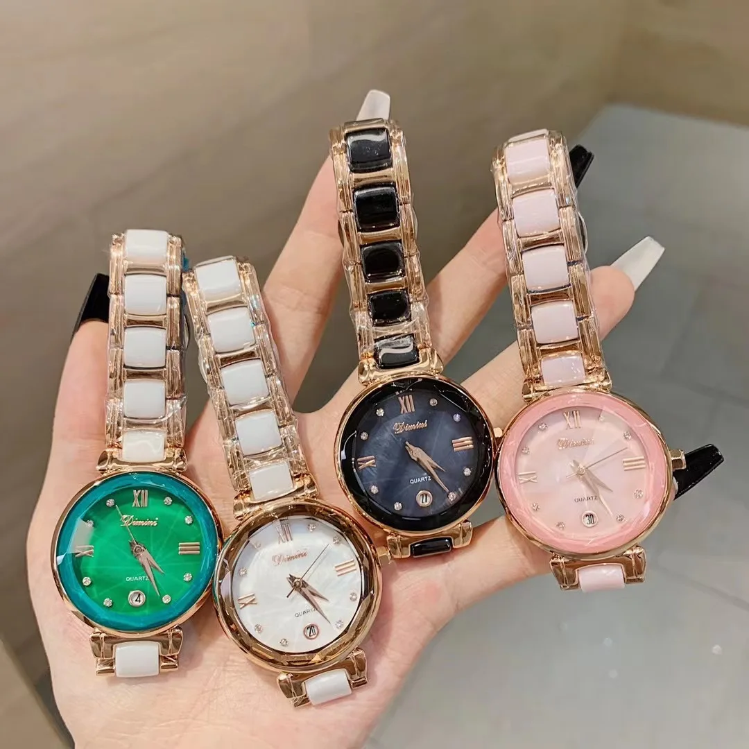 Shining Green Women Roman Watches Real Ceramic Bracelets Wrist watch Calendar Analog Watches Natural Shell Watches Waterproof